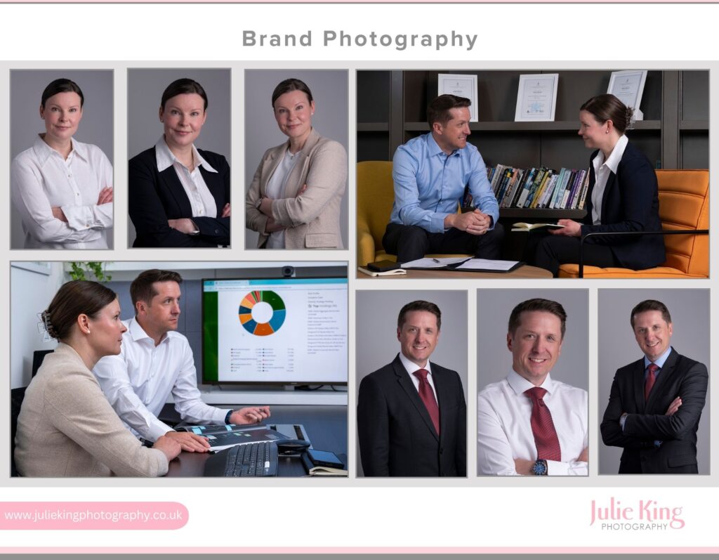 Corporate headshots and office brand photography in Bromsgrove, Worcestershire, showing professional team collaboration and individual portraits by Julie King Photography.