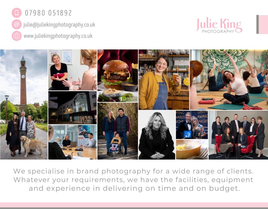 Diverse brand photography portfolio in Bromsgrove, Worcestershire, featuring corporate headshots, event photography in the West Midlands, lifestyle branding, hospitality, and food photography.