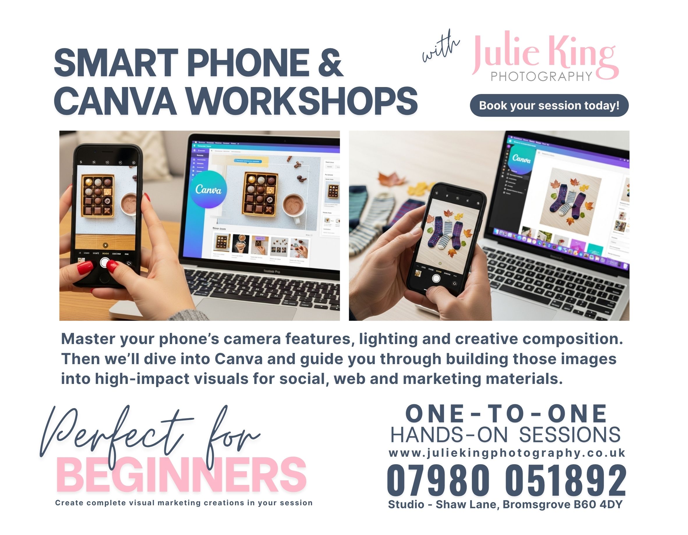 Julie King leading a one-to-one smartphone photography and Canva workshop in Bromsgrove, helping small business owners learn how to take professional marketing photos and create branded visuals for social media.