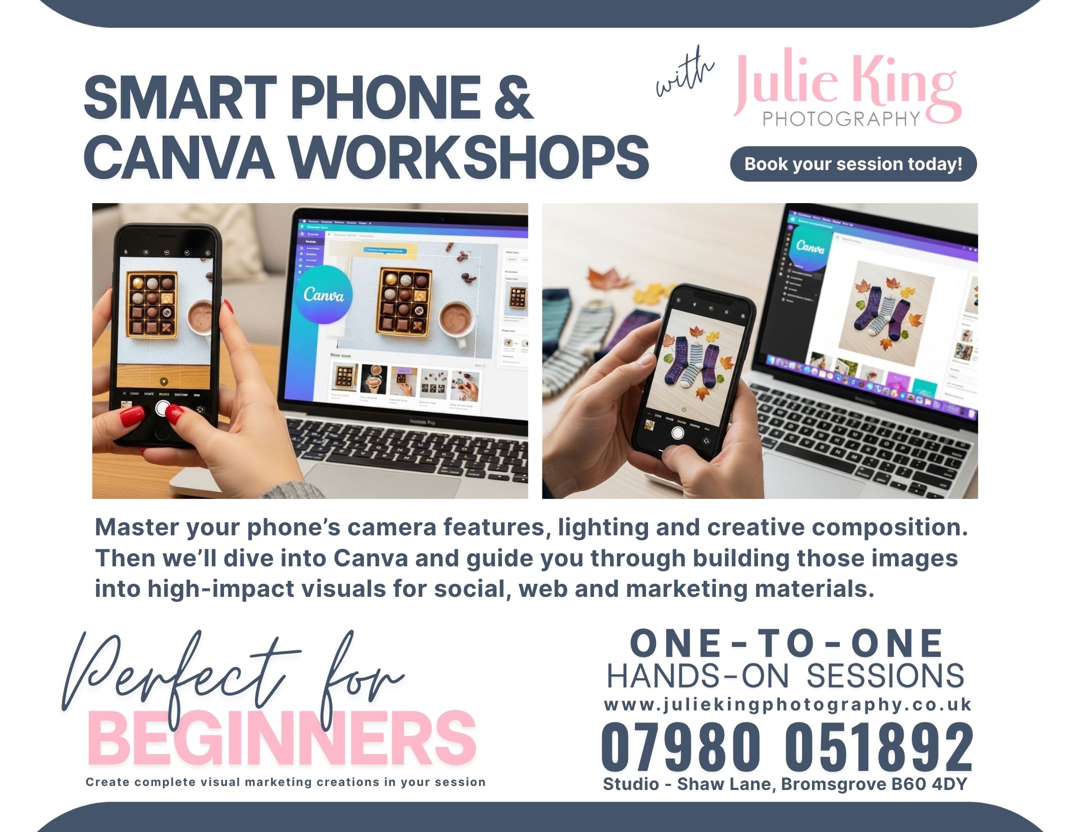 Julie King leading a one-to-one smartphone photography and Canva workshop in Bromsgrove, helping small business owners learn how to take professional marketing photos and create branded visuals for social media.